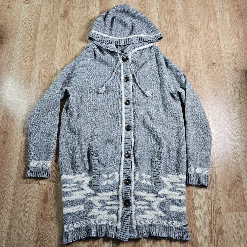 Eddie Bauer Long Sweater‎ Womens Xl Gray Aztec Knit Hooded Hooded Button